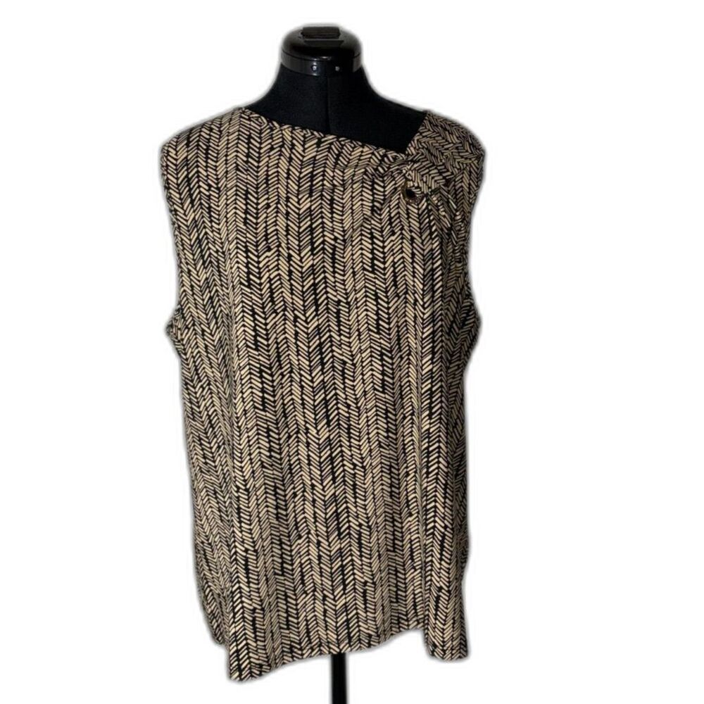 Nine West Asymmetric One Shoulder Herringbone Print Top Tan Black